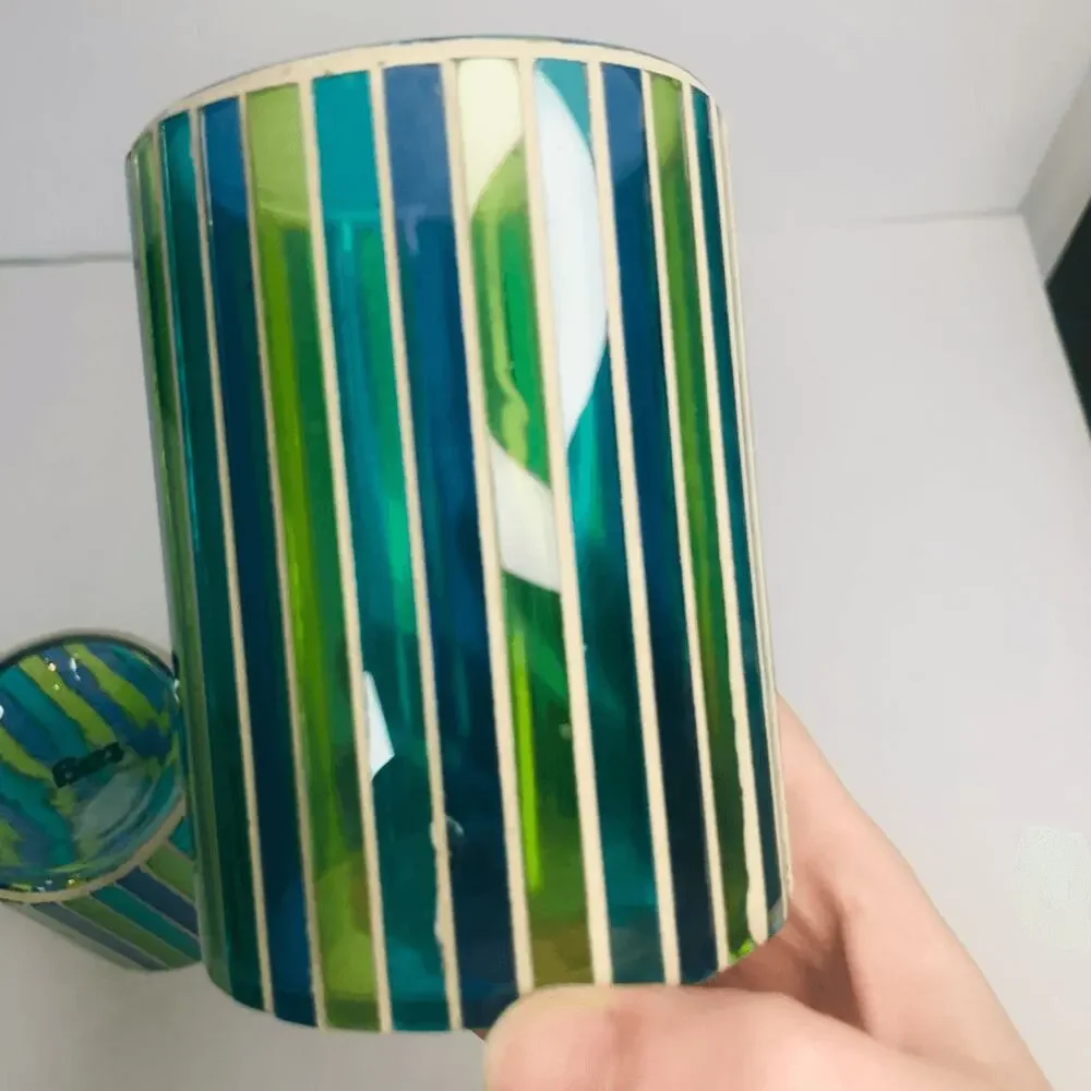 vintage y2k mosaic stripe‎ candle votives tag aqua blue green 3.75”x2 7/8”